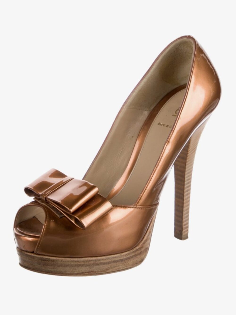 FENDI Gold Copper Patent Leather Bow Open Toe Platform Pumps